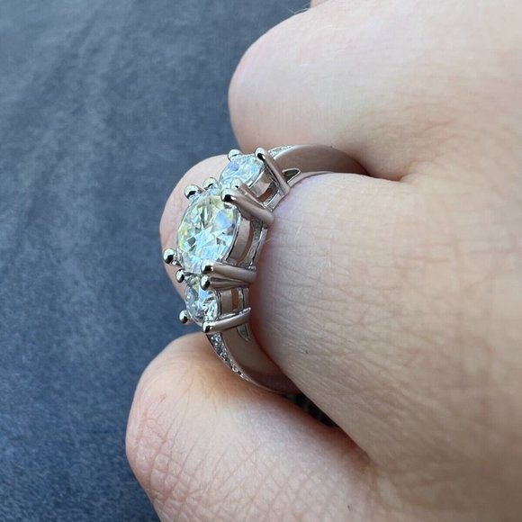 Real Moissanite Promise Engagement Ring Silver Three Stone VVS D Color - Picture 10 of 10